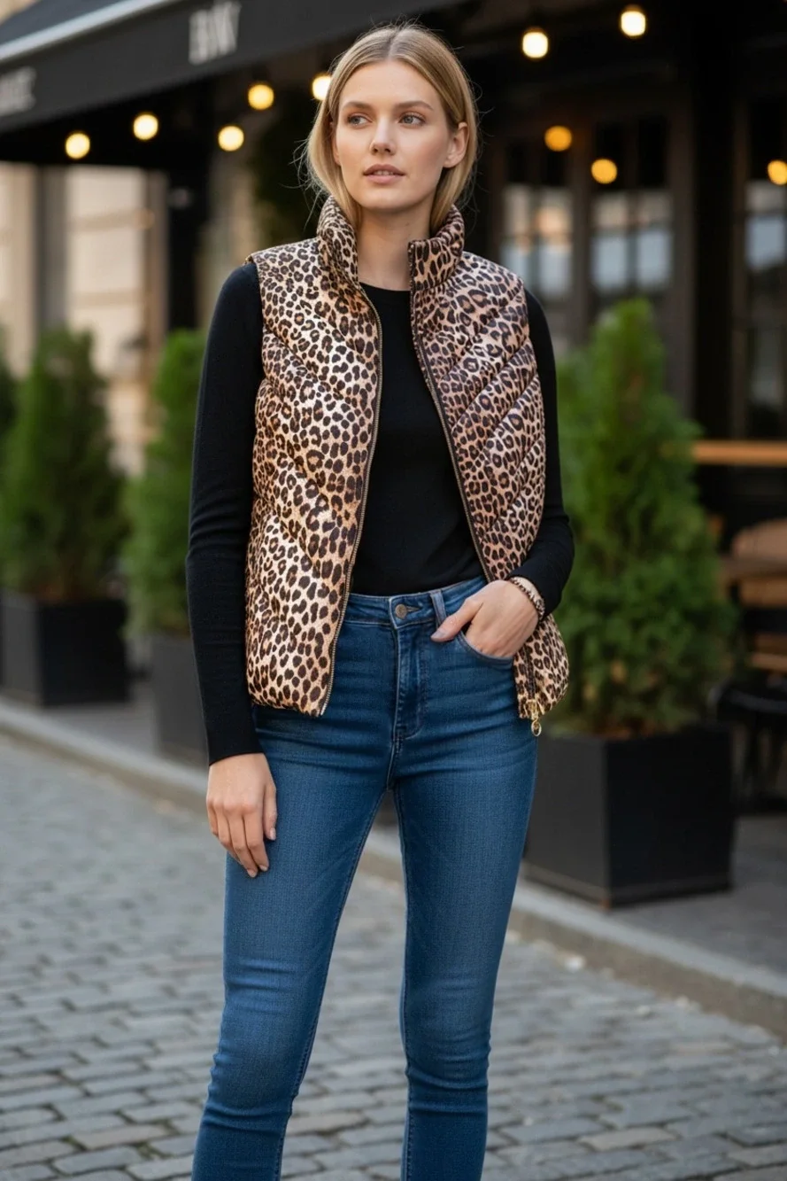 Michael Kors Women's Leopard Print Quilted Puffer Vest with Logo Zipper Pull